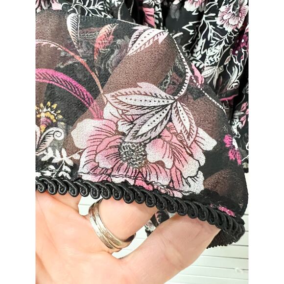 MISA Los Angeles Ceria Pull On Ruffle Tiered Mini Skirt Black Fuchsia Floral M - Picture 4 of 8